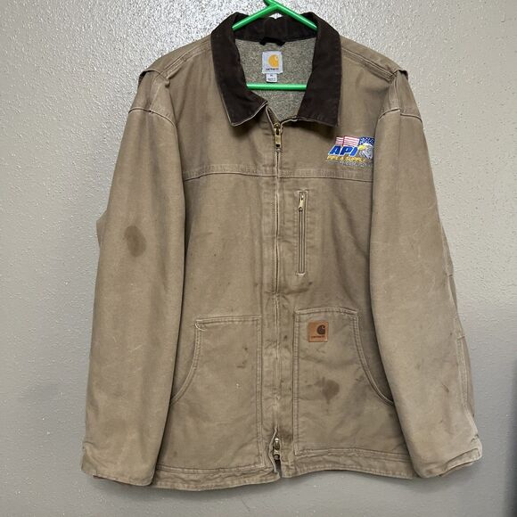Carhartt Other - Carhartt  Denim Jacket RN#14806 Mens Size XL Brown Fleece Lined Distressed Logo
